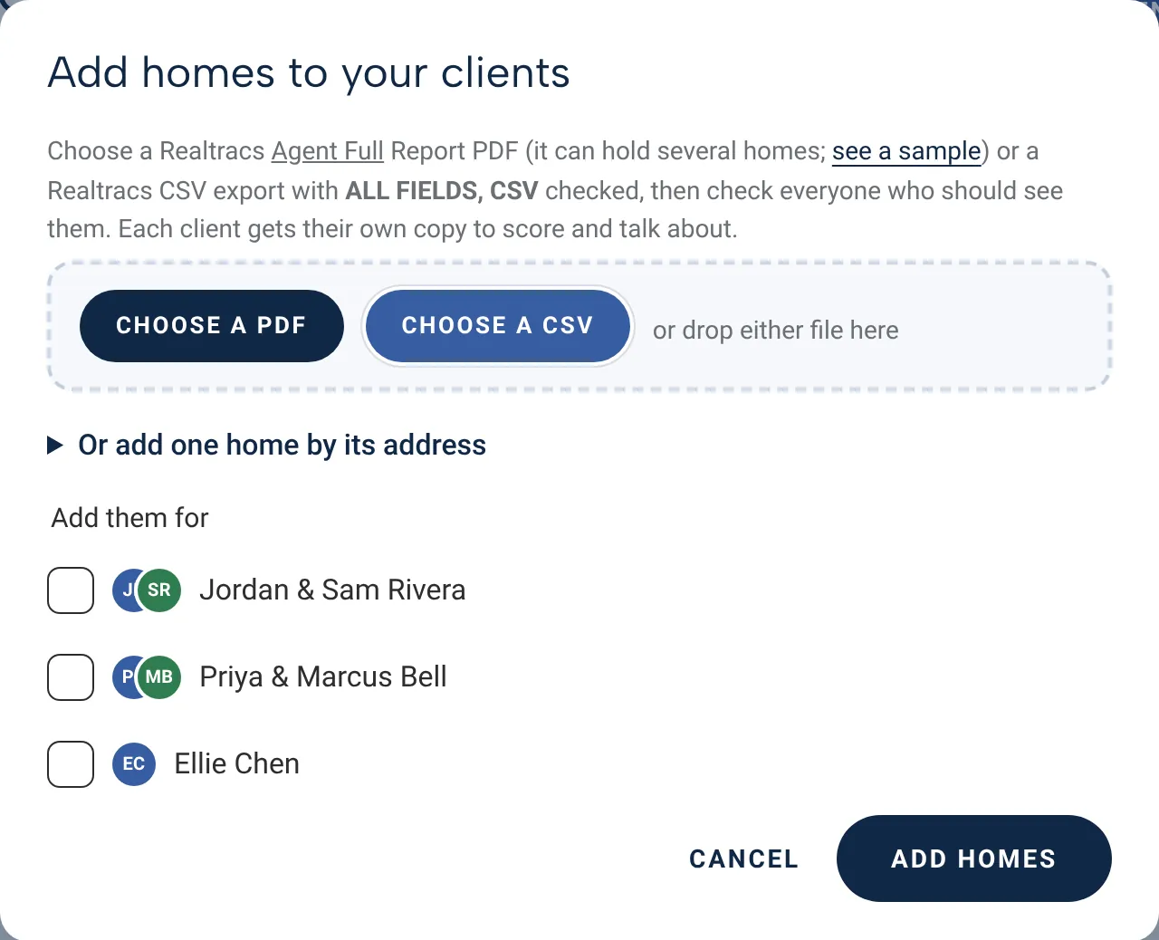 Add homes to clients from a Realtracs PDF or CSV