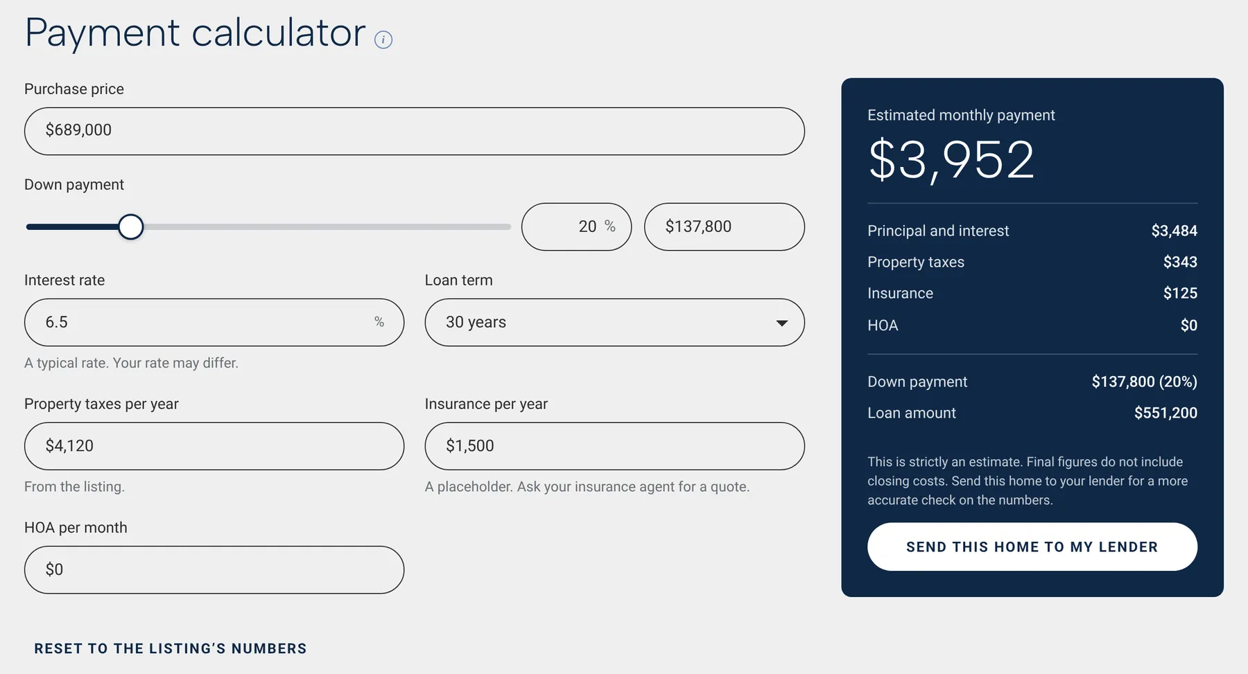 The payment calculator with an estimated monthly payment