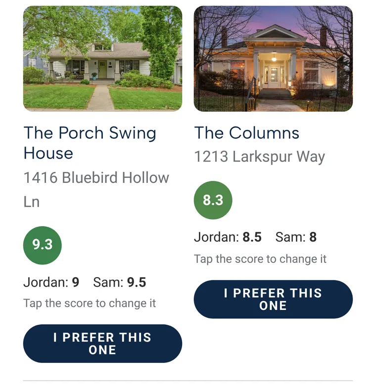 Comparing two homes side by side, each with both buyers’ scores