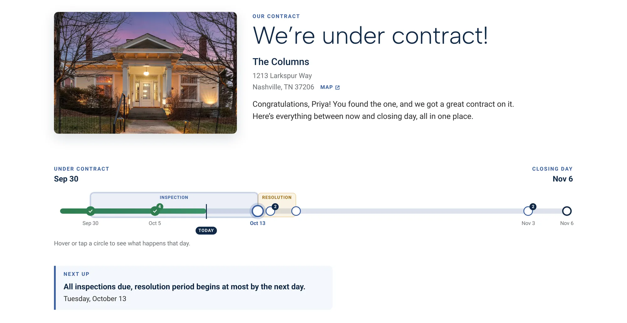 Our Contract: the home under contract and a progress bar from the Binding Agreement Date to closing day, with the inspection and resolution periods shaded