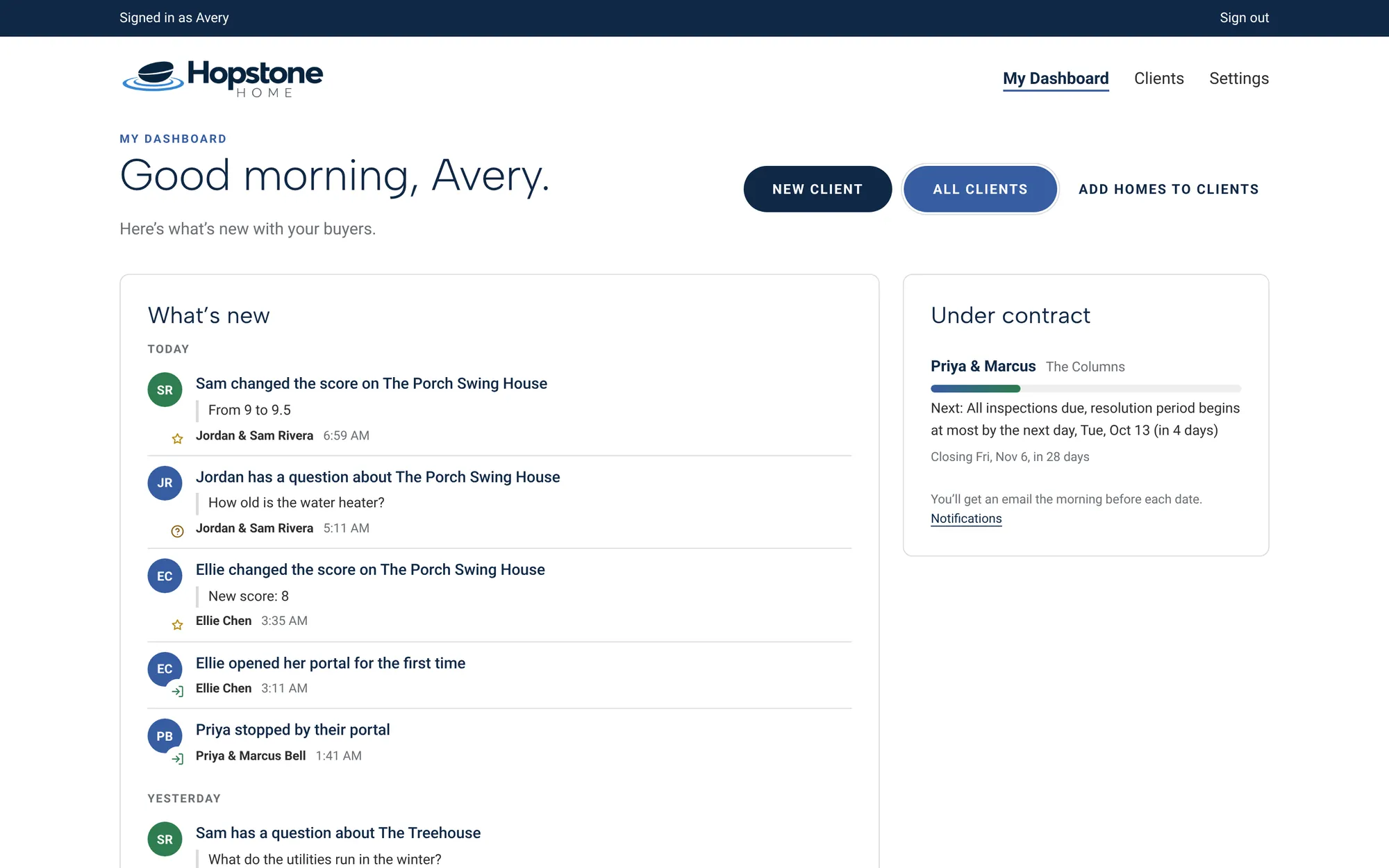 My Dashboard with an activity feed and contracts in progress