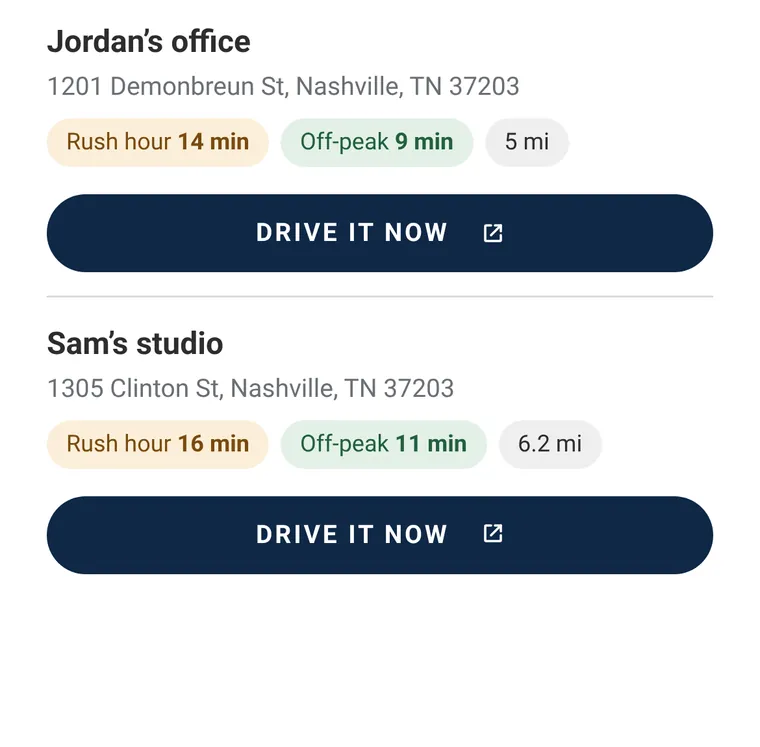 Drive times from a home to Jordan’s office and Sam’s studio at rush hour and off-peak