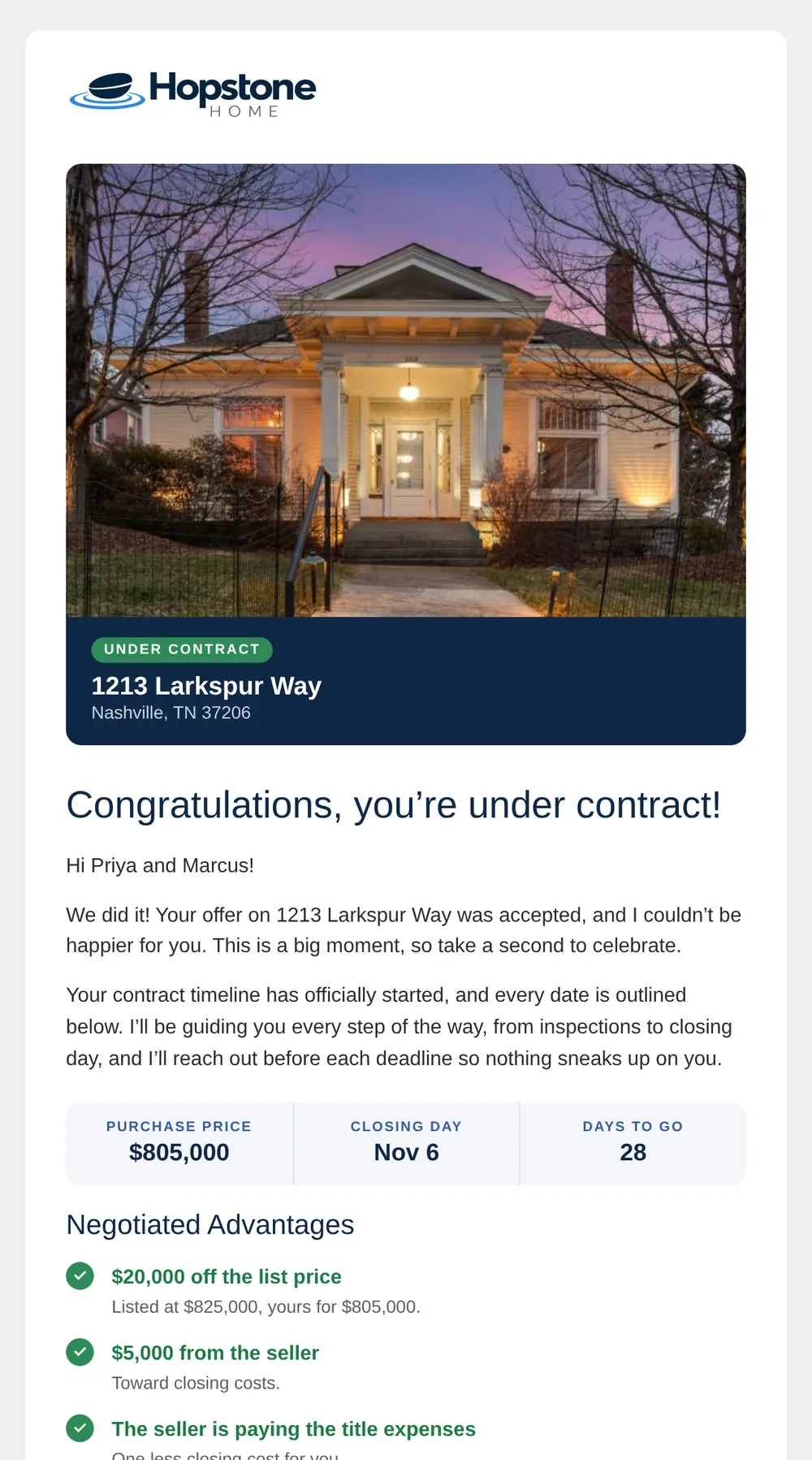 A congratulations email with negotiated advantages and the contract timeline