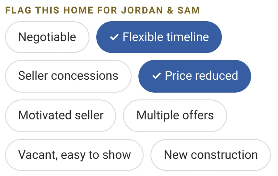 Listing flags on a home: Flexible timeline and Price reduced are on