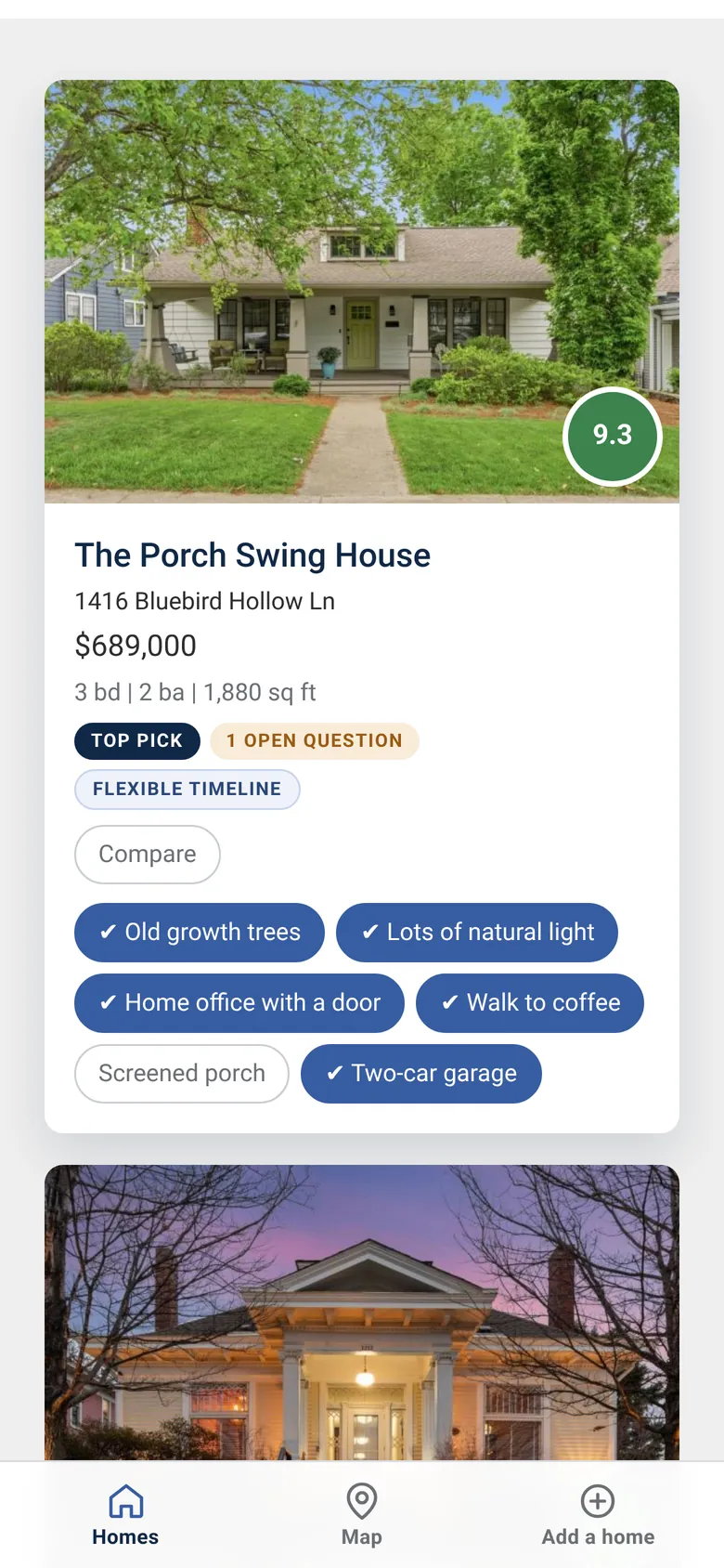 A buyer’s portal on a phone: The Porch Swing House with its photo, score, flags, and wish list