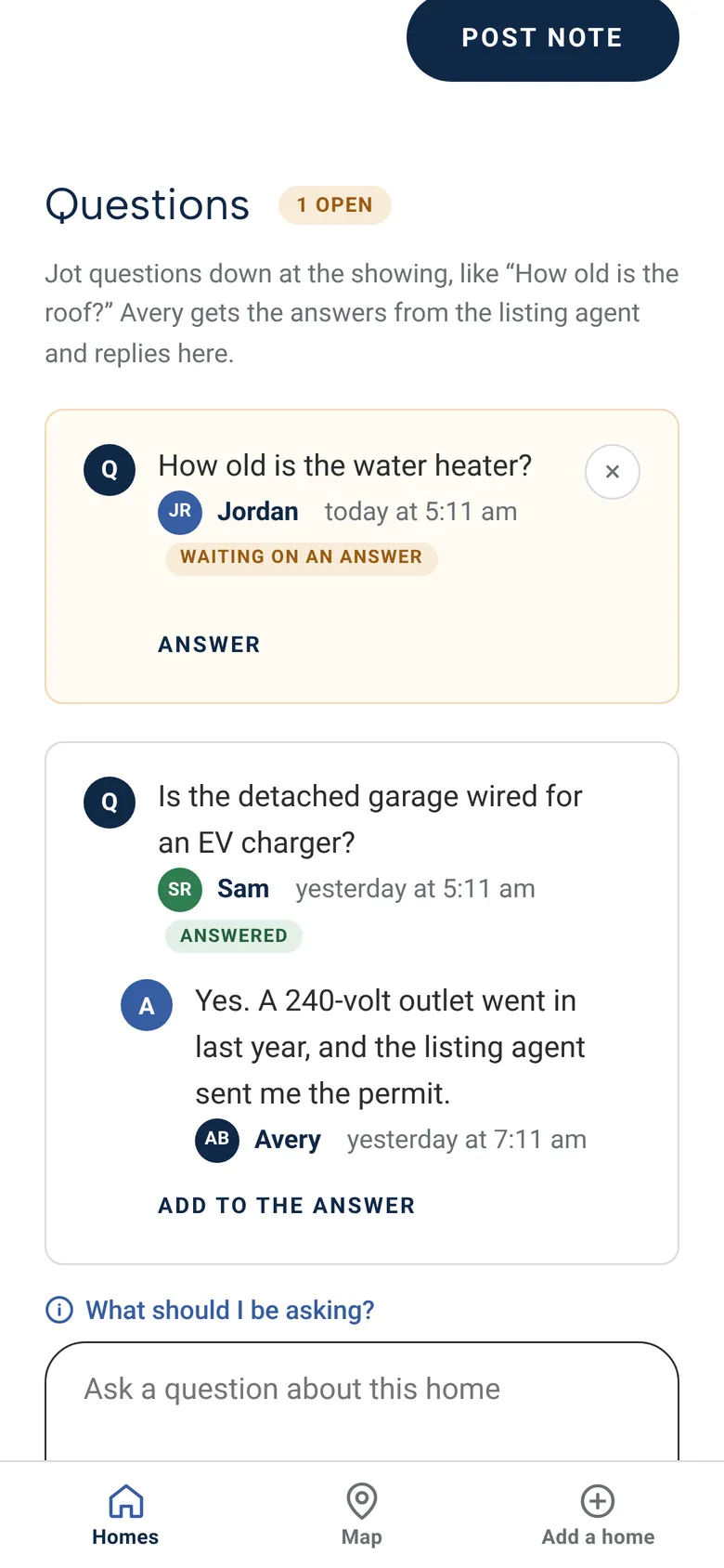 Questions on a home, one answered by the agent and one waiting on an answer