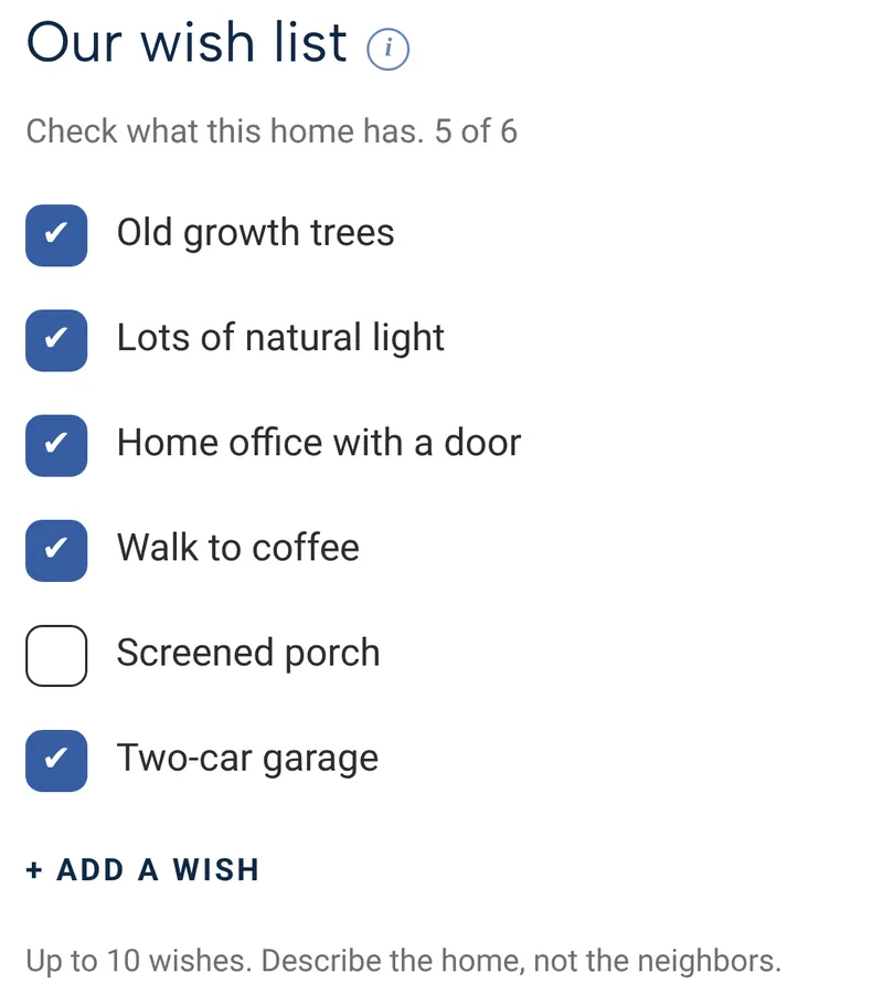 The wish list on a home with five of six wishes checked